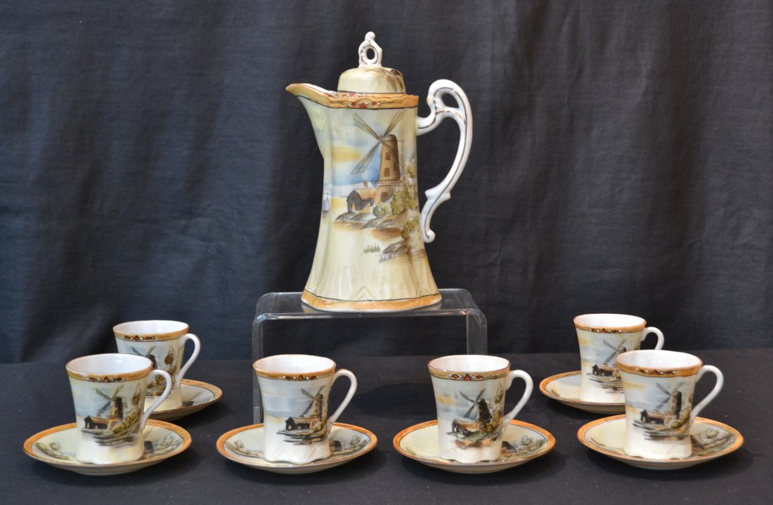 NIPPON CHOCOLATE SET WITH WINDMILL SCENES: CONSISTS OF POT WITH (6) CUPS & SAUCERS - SIZE 9 3/4"