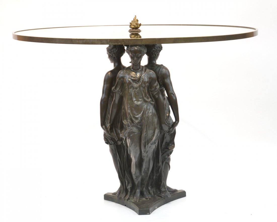 BARBEDIENE FRENCH BRONZE SCULPTURE OF 3 GRACES: SUPPORTING GLASS TOP TABLE WITH BRONZE RIM ; SCULPTURE HAS BARBEDIENNE FIGURAL FOUNDRY - TABLE IS 13" x 13" x 31"