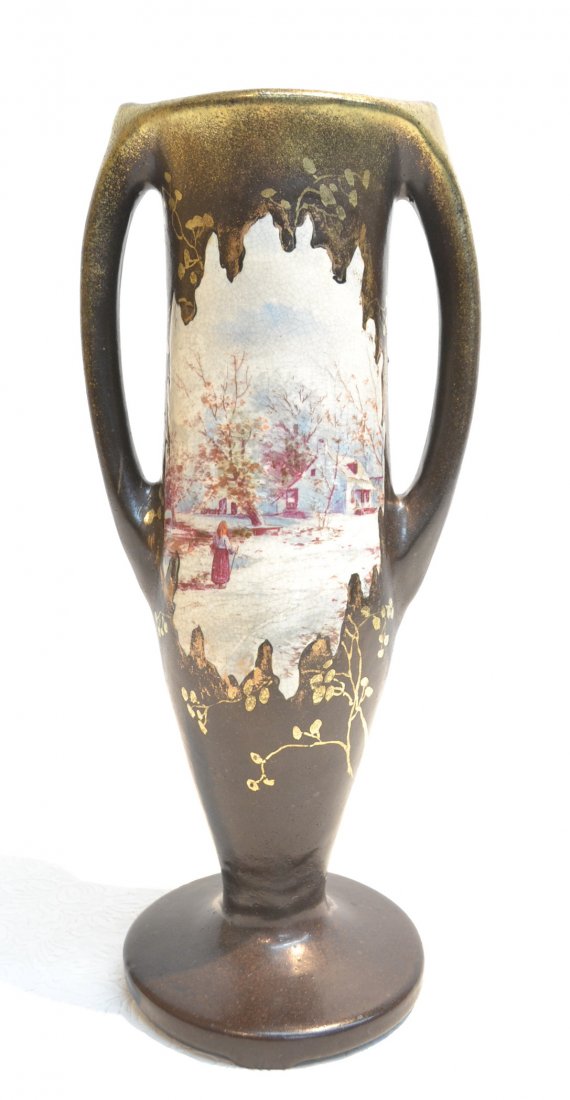 HAND PAINTED STELLMACHER AMPHORA VASE WITH: LANDSCAPE SCENE & TWIN HANDLES - 14" TALL