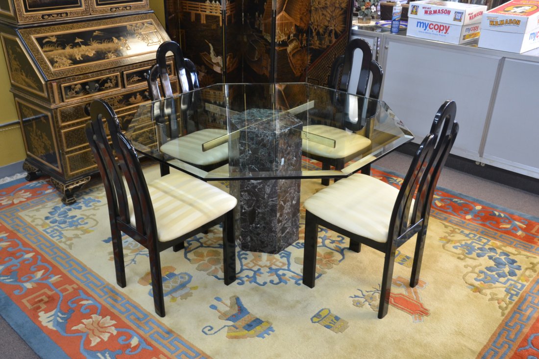OCTAGONAL MARBLE BASE GLASS TOP TABLE WITH: (4) BLACK LACQUER CHAIRS - TABLE IS 56" x 56" x 29"
