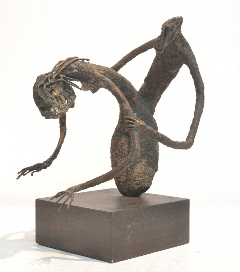 EROTIC BRONZE SCULPTURE ON WOOD BASE: 7 1/2" x 7 1/2" x 15"