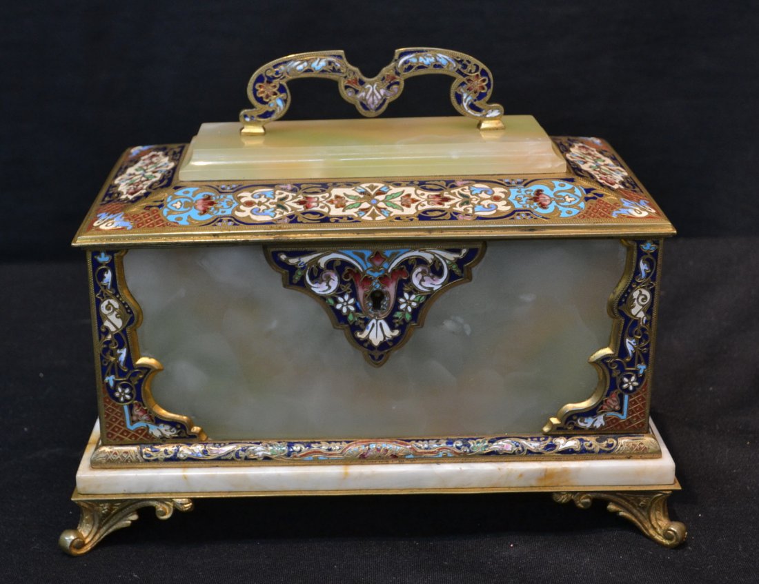 FRENCH CHAMPLEVE , BRONZE & ONYX CASKET BOX: WITH HANDLE - 9" x 5 1/2" x 7 1/4\"