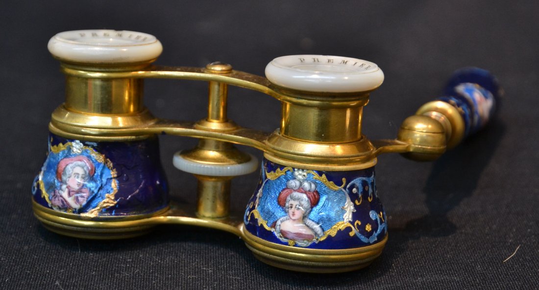 FRENCH ENAMELED OPERA GLASSES WITH PORTRAITS &: CHERUB HANDLES (SOME LOSS & TOUCH UP) 4" x 2"