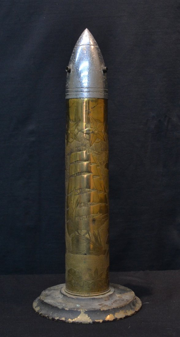 TRENCH ART CASING WITH ENGRAVED SHIP, SWAN ,: BUTTTERFLIES & FLOWERS - 20 1/2"