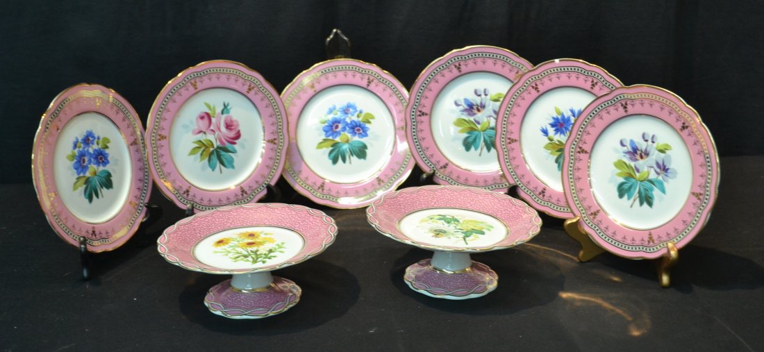 (6) HAND PAINTED PLATES & (2) TAZZAS WITH FLOWERS: 9" x 3 1/2"