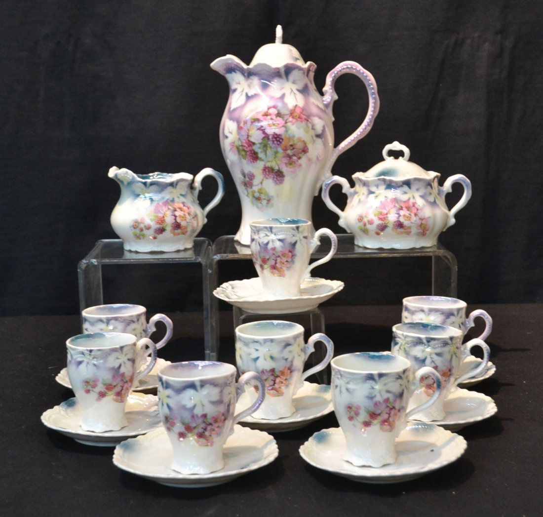 GERMAN CHOCOLATE SET CONSISTING OF POT , SUGAR,: GERMAN CHOCOLATE SET CONSISTING OF POT , SUGAR, CREAMER, (8) CUPS & SAUCERS - 7" x 9 1/2"