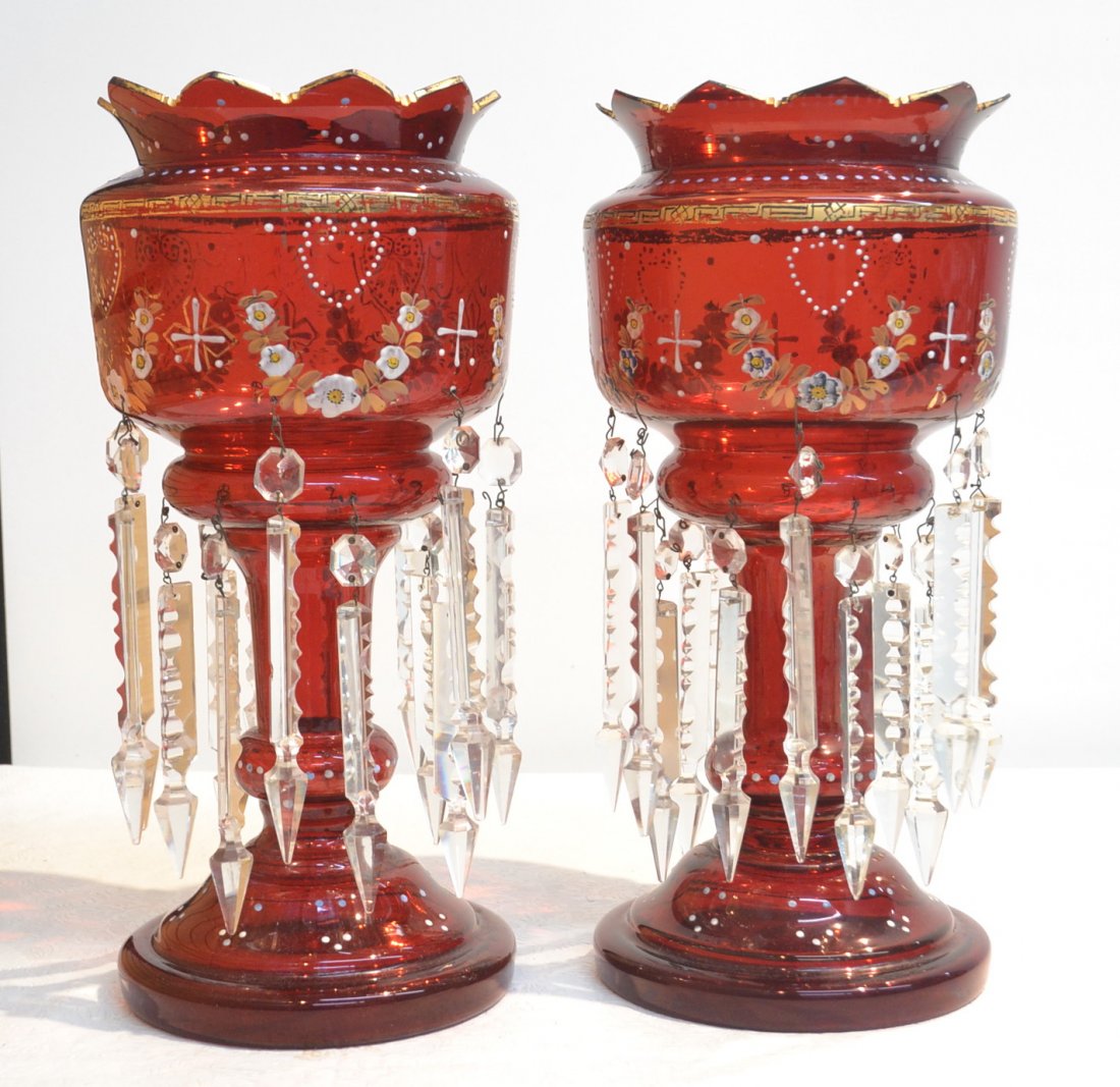 (Pr) RUBY GLASS LUSTRES WITH DOUBLE ROW OF: CRYSTALS - 7" x 15"
