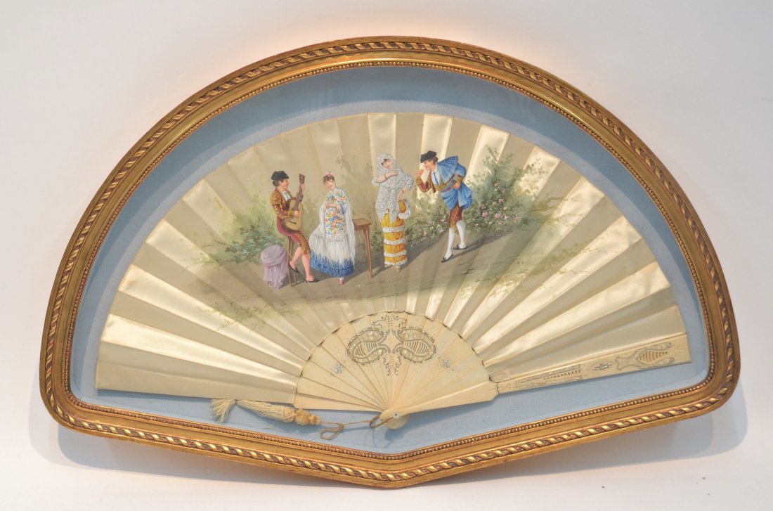 HAND PAINTED SILK FAN WITH SPANISH DANCERS: SET IN SHADOW BOX FRAME - 28" x 18":