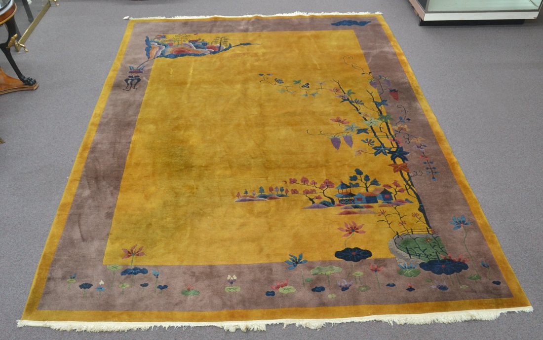 ANTIQUE CHINESE ART DECO RUG WITH YELLOW GROUND: LANDSCAPE, FLOWERS & TREE DESIGNS IN BLUE & PURPLE & BROWN - 9' x 12'
