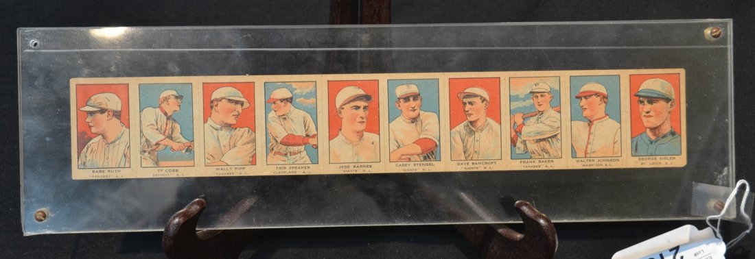 1921 W551 CHEWING GUM BASEBALL CARD STRIP OF: (10) INCLUDING BABE RUTH , TY COBB , TRIS SPEAKER, WALLY PIP , BARNES, STENGEL, BANCROFT, BAKER,JOHNSON & SISLER IN GOOD CONDITION