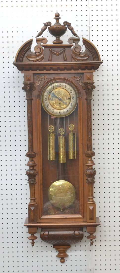 GUSTAV BECKER VIENNA REGULATOR WITH (3) ENGRAVED: WEIGHTS & PENDULUM - 17 1/2" x 52"