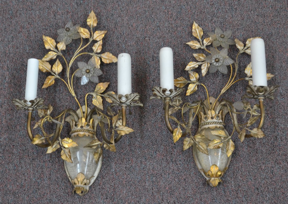 (Pr) TOLE FLOWER FOLIATE FORM SCONCES WITH: ETCHED ROCK GLASS URN & FLOWERS - 10" x 14"