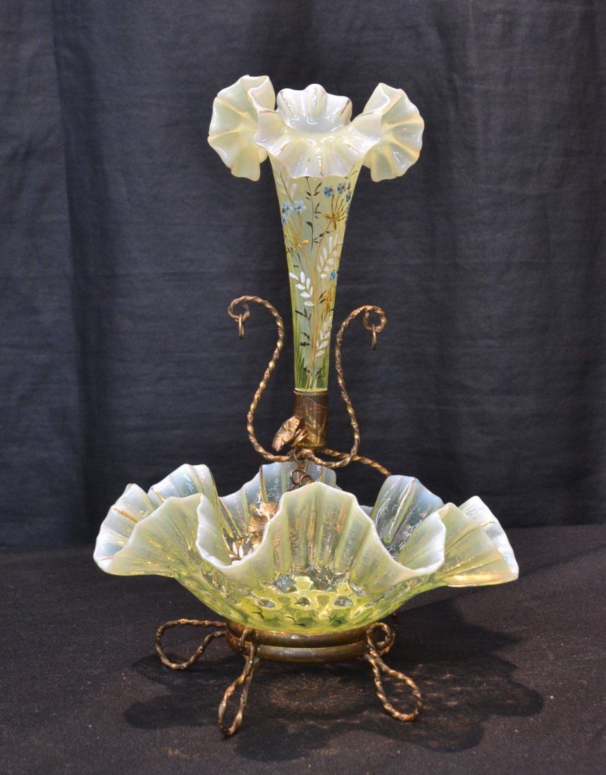 VICTORIAN VASELINE GLASS EPERGNE WITH FOLIATE: METAL FILIGREE & ENAMELED DECORATIONS - 8" x 12"