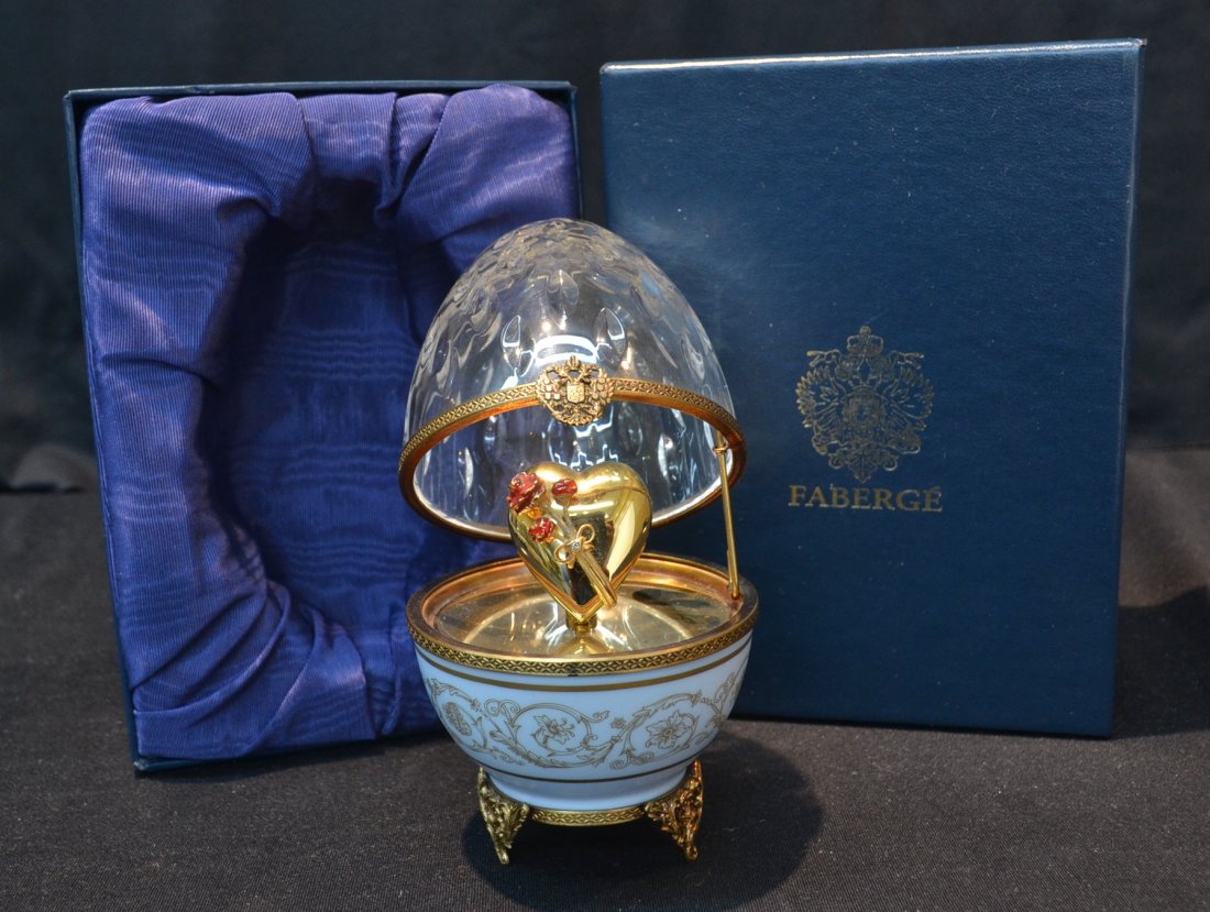 LIMOGES FABERGE PORCELAIN EGG "COEUR DE FLEUR": WITH 24kt GOLD PLATED STERLING SILVER HEART FORM SURPRISE & DISC INSIDE EGG WITH CRYSTAL LID ; COMES WITH ORIGINAL BOX & PAPERS ; EGG IS No. 17 - 4" x 6"