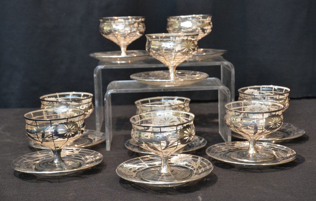 (9) STERLIG OVERLAY SHRIMP CUPS & UNDERPLATES: 3 1/2" x 3 1/4"