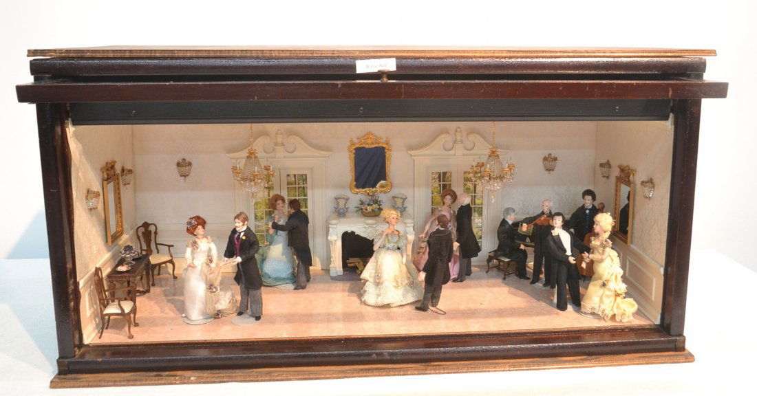 HIGHLY DETAILED DIORAMA "AT THE BALL" WITH: MINIATURE PEOPLE DANCING AMONGST PIANO , FURNITURE, SCONCES & CHANDELIER (IN WORKING ORDER) 34" x 14" x 17"