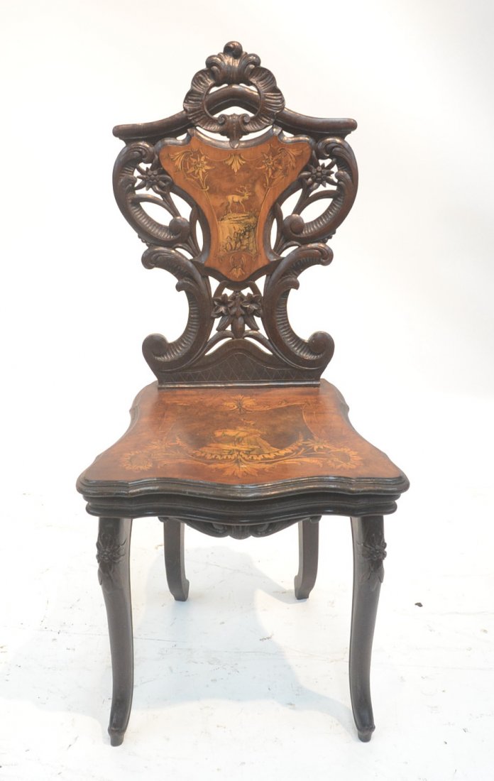 HAND CARVED BLACK FOREST INLAID MUSIC BOX CHAIR: 15" x 15: x 38 1/2"