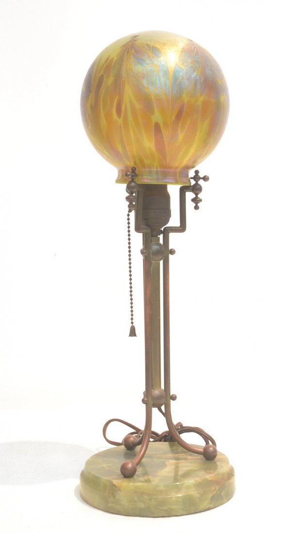 BRONZE & ONYX GLOBE LAMP WITH LOETZ ? ART GLASS: SHADE - 6" x 19"