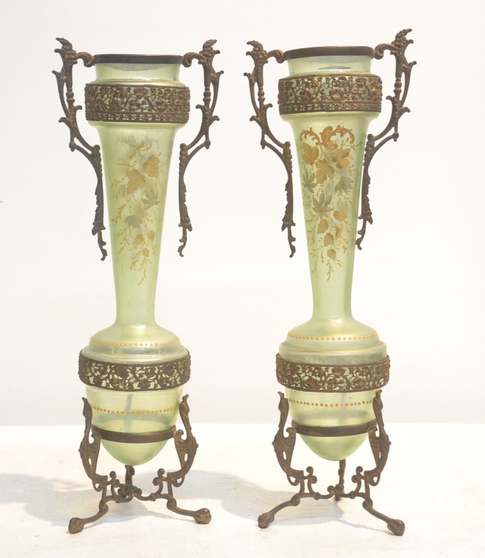 (Pr) ART GLASS EPERGNES WITH GOLD ENAMELED: FLORAL DECORATIONS MOUNTED IN FRENCH BRONZE FILIGREE & BIRD BASE - 5" x 15"