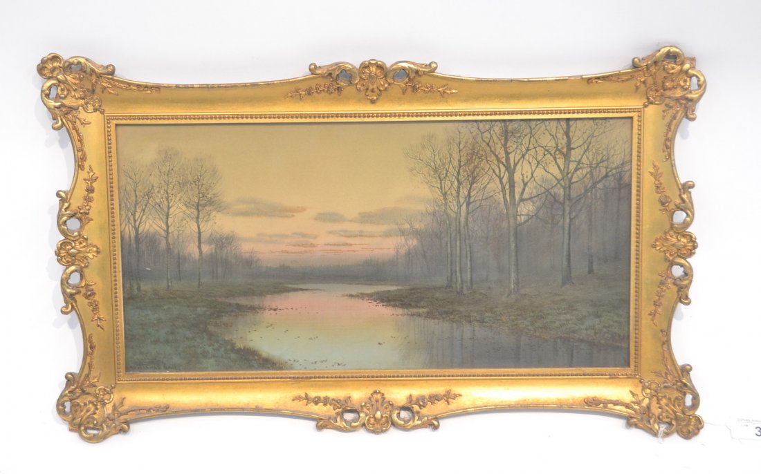 GEORGE HOWELL GAY WATERCOLOR OF LAKE: LANDSCAPE ; SIGNED LOWER LEFT (G.H. GAY 1858-1931) IN CARVED GILT FRAME - 19 1/2" x 9 1/2", 24" x 15"