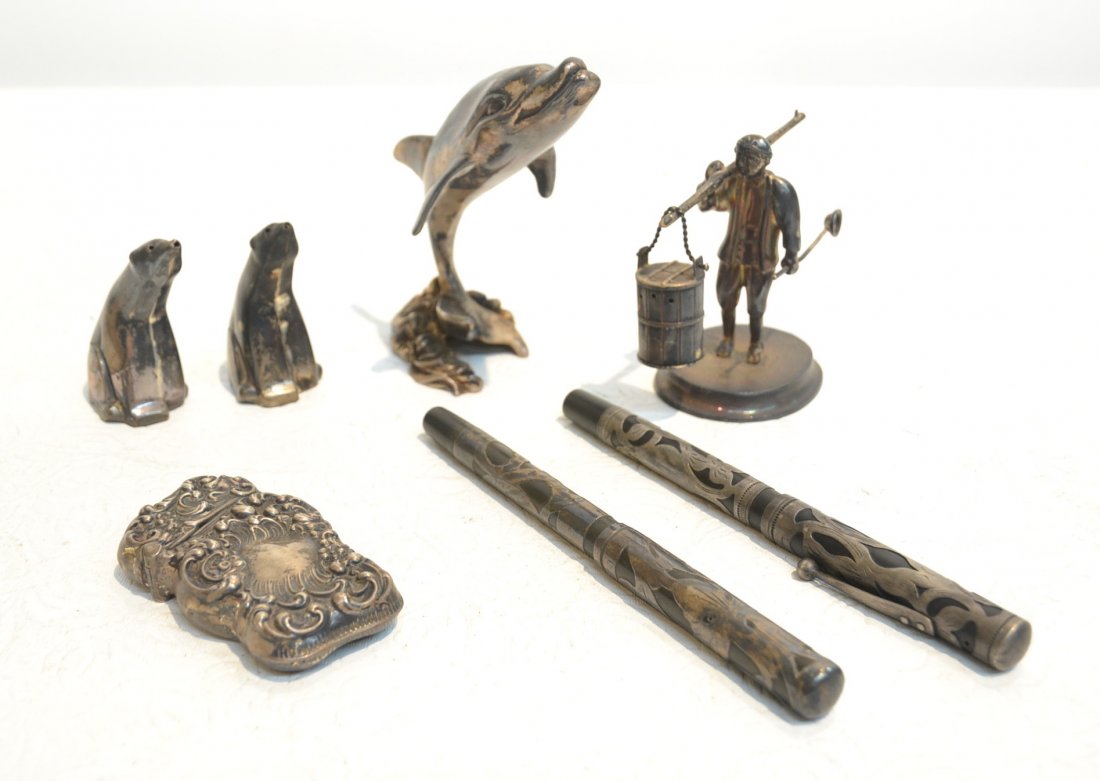 STERLING LOT OF MATCH SAFE, DOLPHIN, (2) OVERLAY: PENS (AS IS) & BEAR FORM SALT & PEPPER