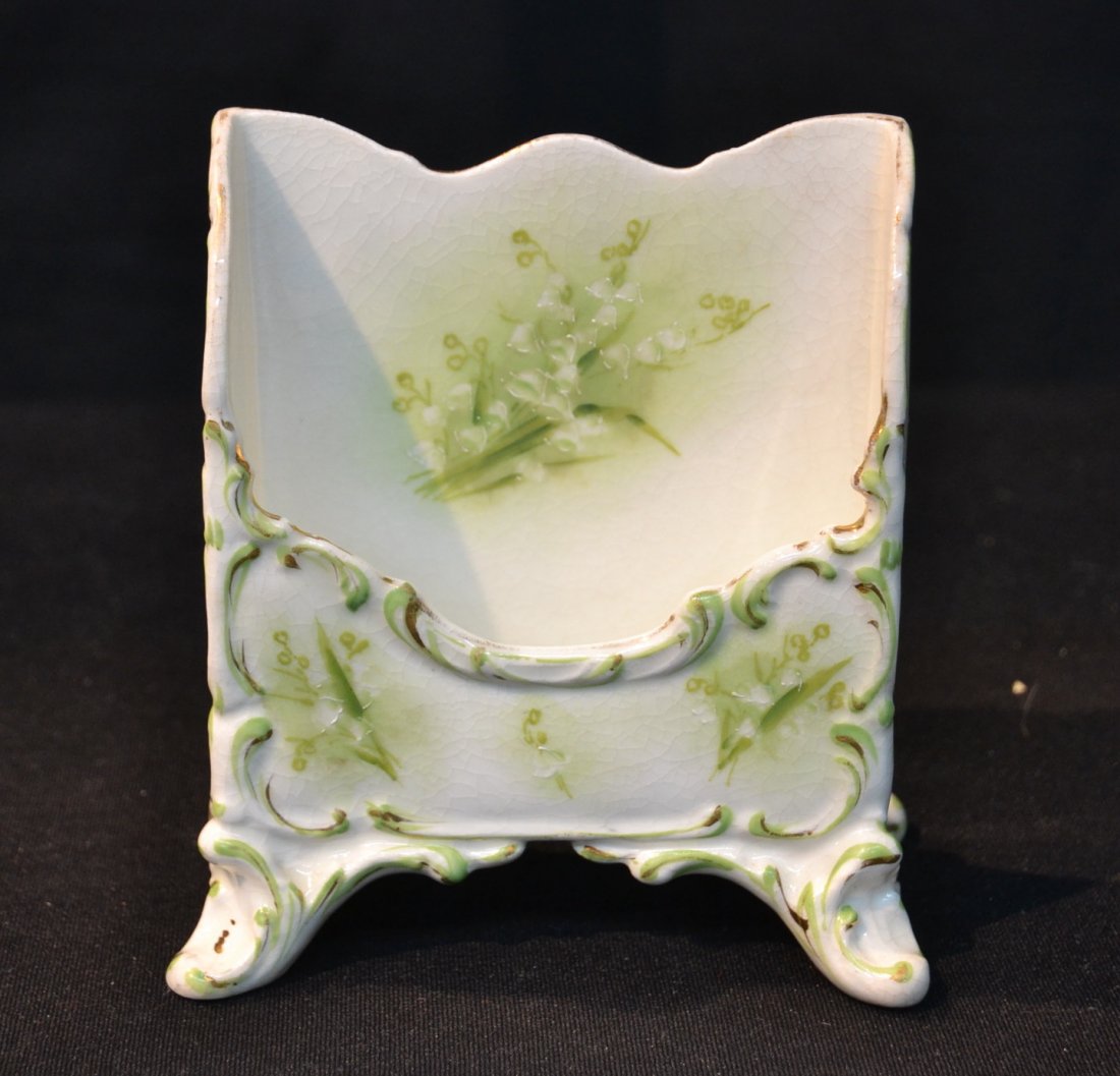 HAND PAINTED GERMAN PORCELAIN CARDHOLDER: 4" x 2 1/2" x 5"