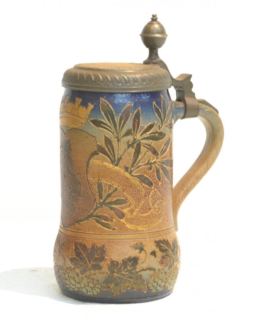 SARREGUEMINES STONEWARE STEIN: WITH ETCHED BEAR ON SHIELD & LEAVES ; MARKED SARREGUEMINES ; #2763- 9" TALL