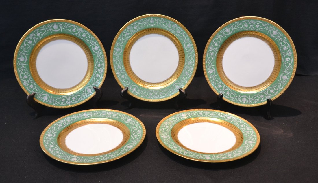 (5) MINTON ; MADE FOR TIFFANY LUNCHEON PLATES: WITH GREEN & GOLD FLORAL URN BORDERS (ONE HAIRLINE) 9"