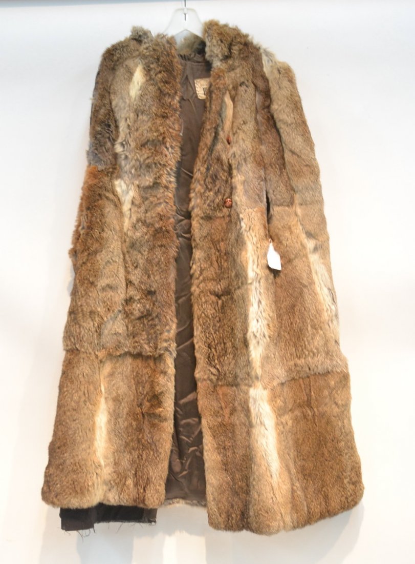 LONG RABBIT FUR VEST WITH HOOD - SIZE LARGE: TEAR IN LINING & WORN