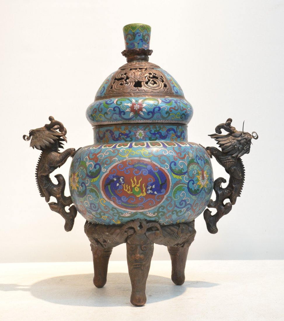 LARGE 2-PART CLOISONNE SENSOR WITH RETICULATED: COVER ,SCOLLWORK DESIGNS , MOUNTED DRAGON HANDLES & FIGURAL BASE - 18" x 11" x 20 1/2"