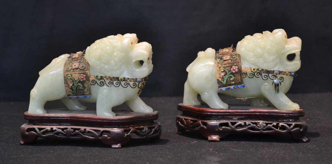 (Pr) JADE FOO DOGS WITH FILIGREE JEWELED SADDLE: & JEWELED EYES ON STANDS - 5 1/2" x 4 1/2'