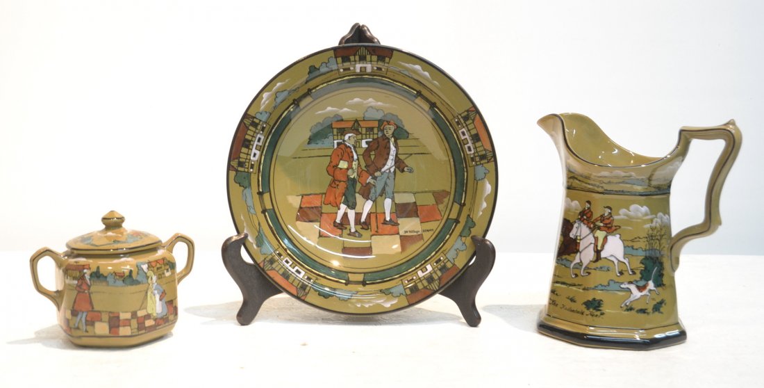 (3)pc's DELDARE BUFFALO POTTERY -: BOWL , SUGAR & CREAMER ; ARTIST SIGNED W.FOSTER , M.SNEAD & M.YUST - LARGEST PIECE IS 6 1/2" x 6 1/2" (CHIP UNDER BOWL)