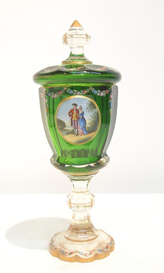 BOHEMIAN ENAMELED COVERED CHALICE WITH: FIGURAL COURTING SCENE MEDALLION & FLOWERS - 4" x 11" (MINOR FLAKE OFF FINIAL)