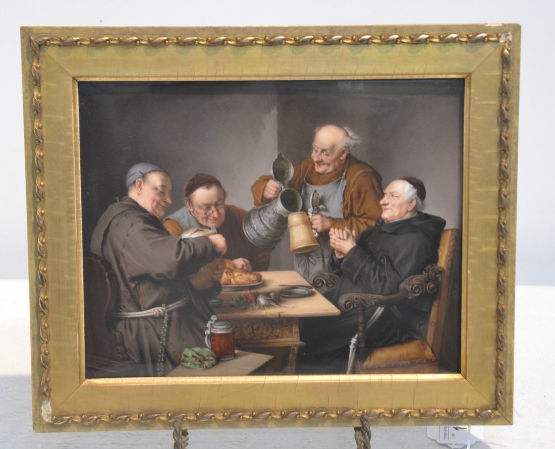 FINELY HAND PAINTED KPM PORCELAIN PLAQUE: DEPICTING MONKS IN MONESTARY EATING & DRINKING IN GILT FRAME ; WITH INCISED KPM SCEPTOR & H INITIAL - PLAQUE IS 11" x 9" , 13 1/2" x 11 1/2' OVERALL