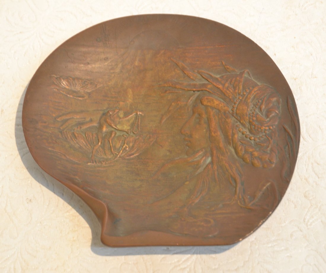 AESTHETIC MOVEMENT BERGMAN BRONZE TRAY: WITH NOUVEAU WOMAN & WATER LILLY WITH BUGS - MARKED GUSHECHT 4485 - 5 3/4' x 3 1/4"