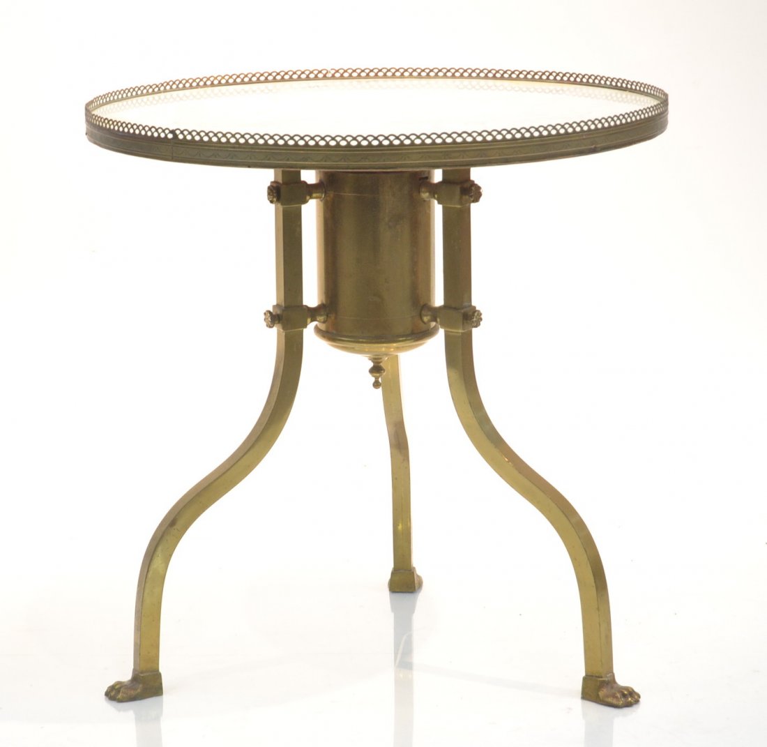MARBLE TOP BRASS TABLE WITH CLAW FEET & GALLERY: 24" x 24 1/2"
