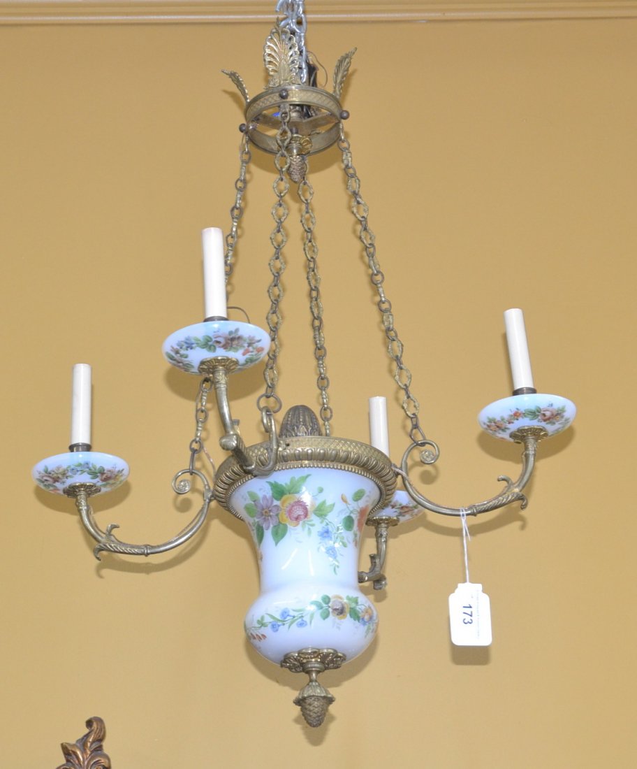 4-ARM OPALINE & BRONZE CHANDELIER WITH: HAND PAINTED FLOWERS WITH ACORN FINIAL - 16: x 20" x 33"