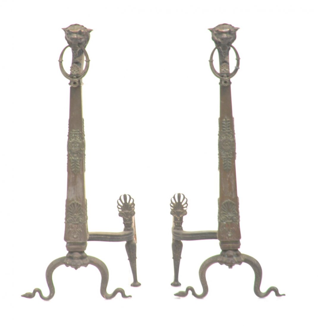 (Pr) FIGURAL BRONZE ANDIRONS WITH LION HEADS: HOLDING RINGS - 10" x 26"