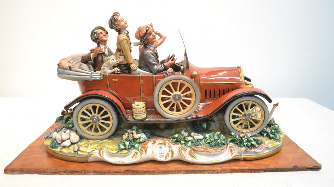LARGE CAPODIMONTE OF (4) PEOPLE IN VINTAGE CAR: WITH PLEXIGLASS DOME - 22" x 10 1/2" x 12"
