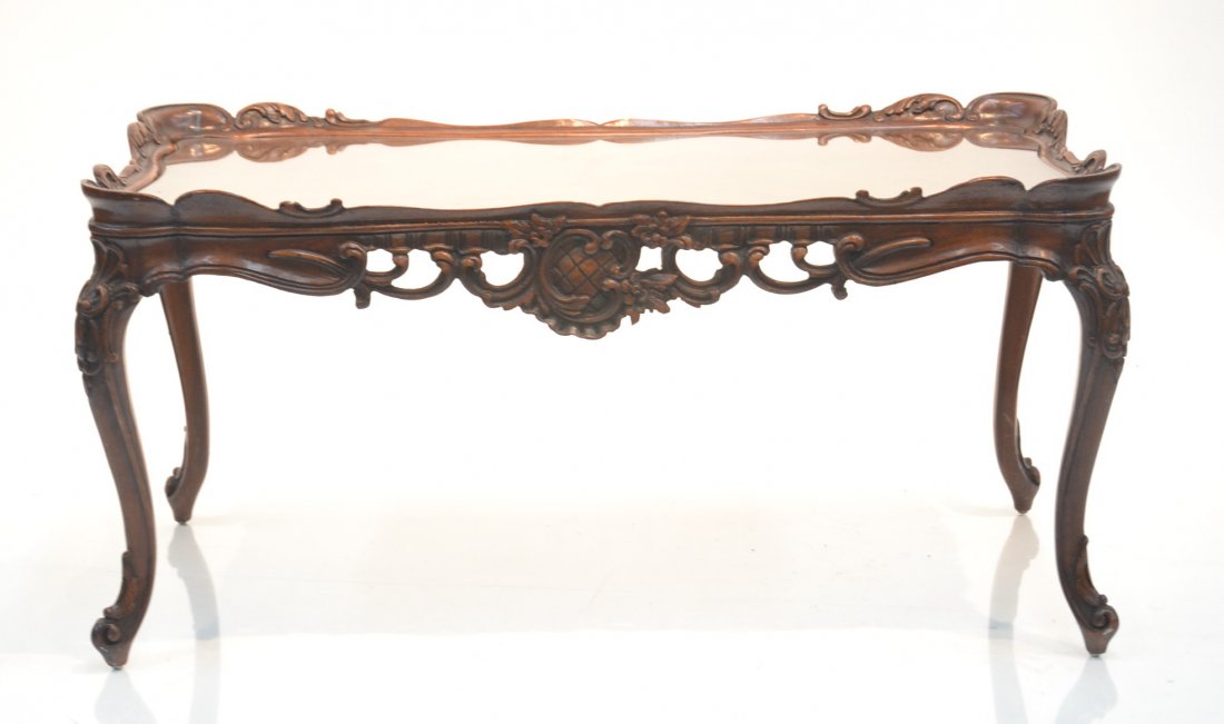 CARVED COFFE TABLE WITH GLASS TOP: 36" x 18" x 18"