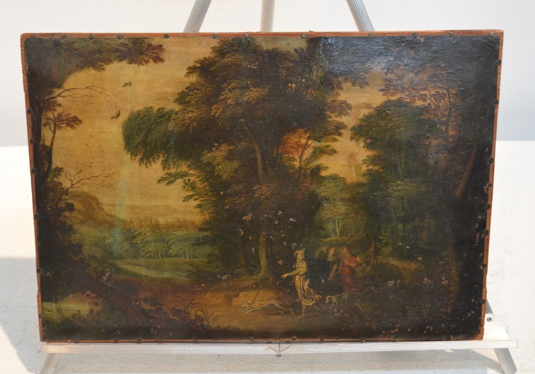 19thC PAINTING ON TIN OF FIGURES & DOGS IN FOREST: ON CRADLE BACK - 15 1/2" x 10 1/2"