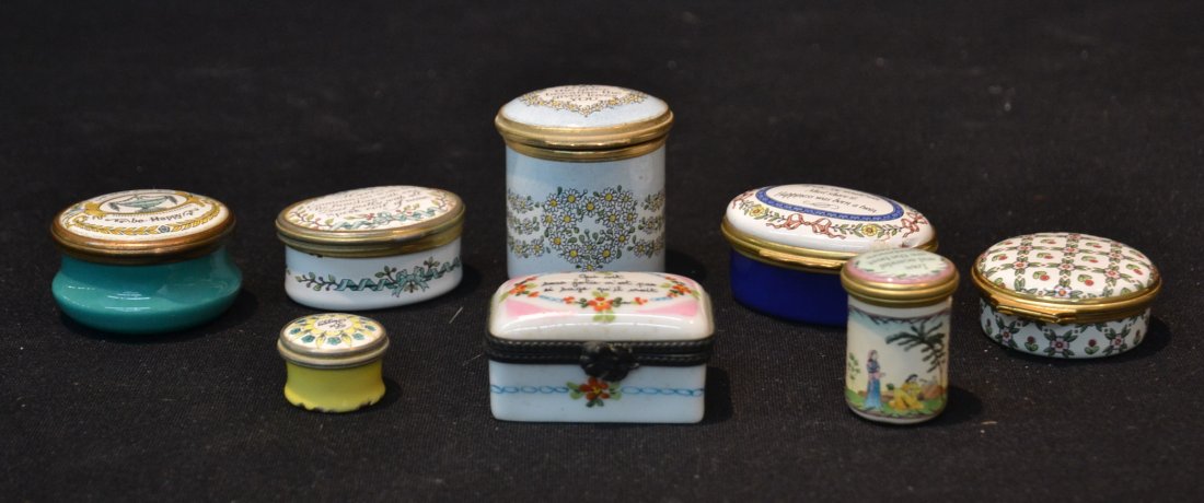 (8) MINIATURE ENAMEL BOXES INCLUDING CARTIER ,: BATTERSEA, HALCYON DAYS & LIMOGES PORCELAIN