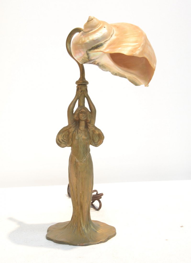 GILT METAL LAMP OF WOMAN HOLDING SHELL: 6 1/2" x 14"