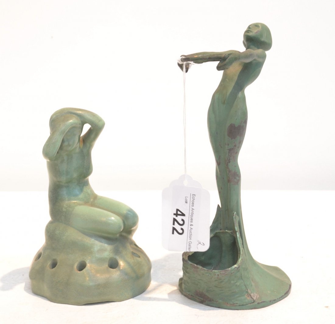 METAL FIGURE OF NUDE GIRL DATED 1923 & NUDE: POTTERY FLOWER FROG - 10" TALL