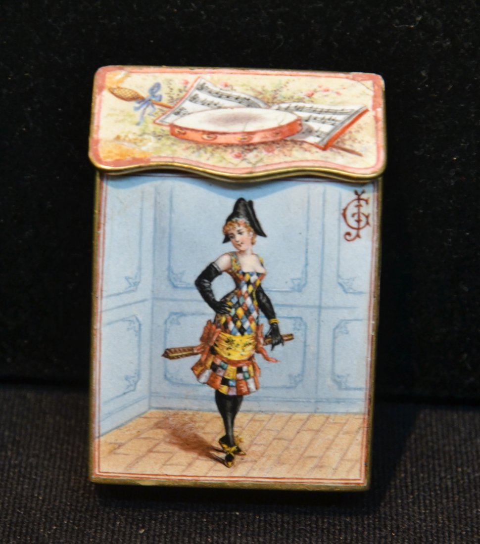 18kt FRENCH ENAMEL MATCH HOLDER & STRIKER: MARKED PARIS - ALLUMETTES CHIMIQUES ; DEPICTING VICTORIAN WOMAN ON FRONT , WITH SCENES ALL AROUND (SOME REPAIRS & CRACKS) 1 1/4" x 2"