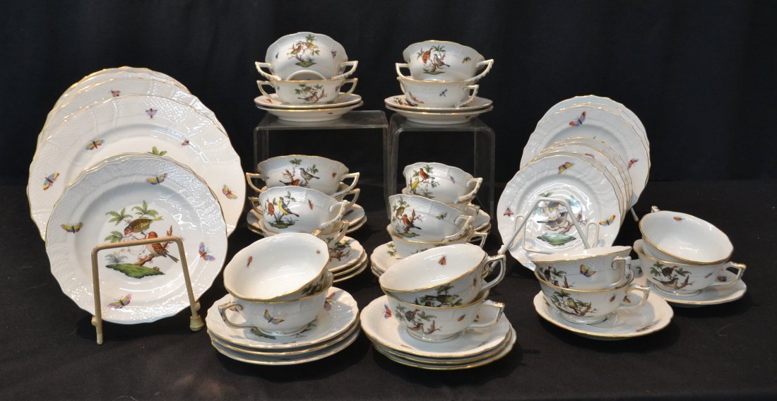 HEREND ROTHSCHILD PATTERN DINNER SERVICE: CONSISTING OF (8) 10" DINNER PLATES , (8) 6" PLATES , (6) 7 1/2" PLATES , (6) BOULLION CUPS & UNDER PLATES , (15) CUPS & SAUCERS