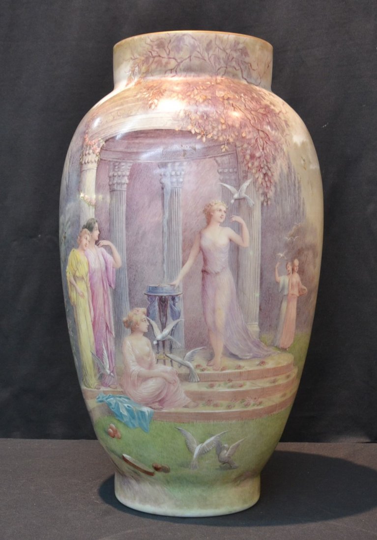 LARGE HAND PAINTED OPALINE VASE WITH SCENES ALL: AROUND DEPICTING MAIDENS IN GAZEBO WITH DOVES & MOUNTAIN LAKE LANDSCAPE - 10" x 20 1/2"