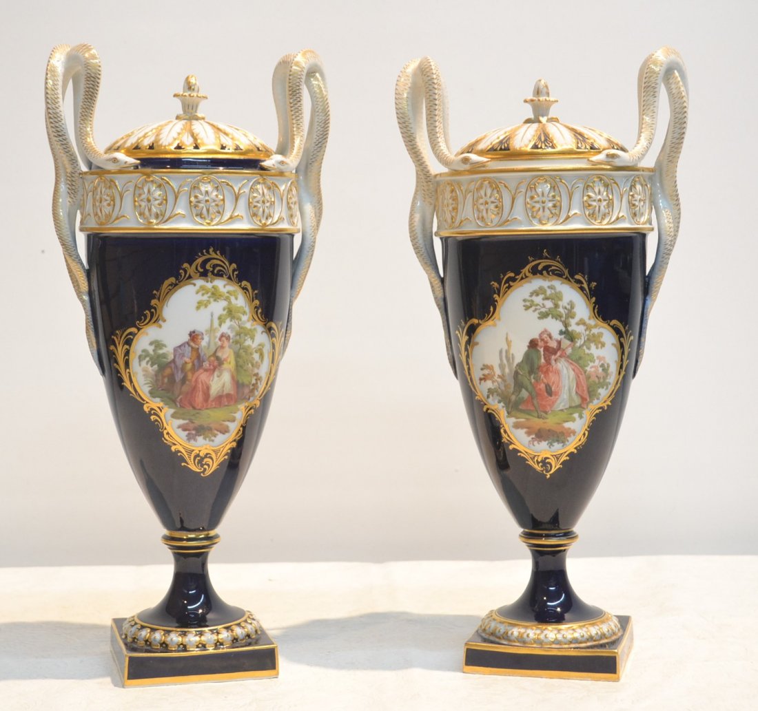 (Pr) MEISSEN SNAKE HANDLE COVERED URNS WITH: ROMANTIC SCENE MEDALLIONS - 7" x 14"