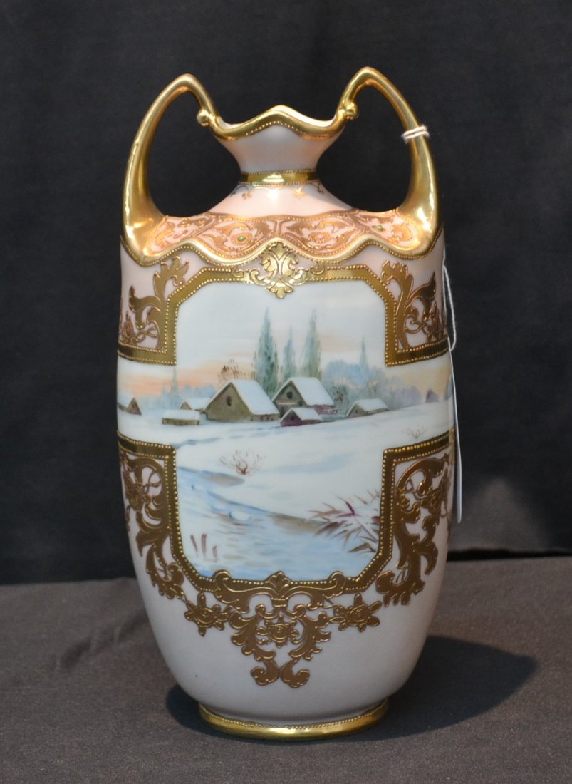 HAND PAINTED SCENIC NIPPON TWIN HANDLE VASE: 5" x 10"