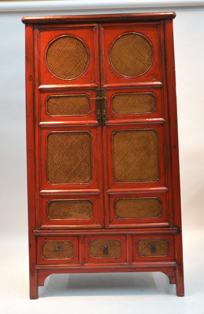 19thC CHINESE RED LACQUER 2-DOOR TAPERED CABINET: WITH DRAWERS - 40" x 21 1/2" x 74 1/2"